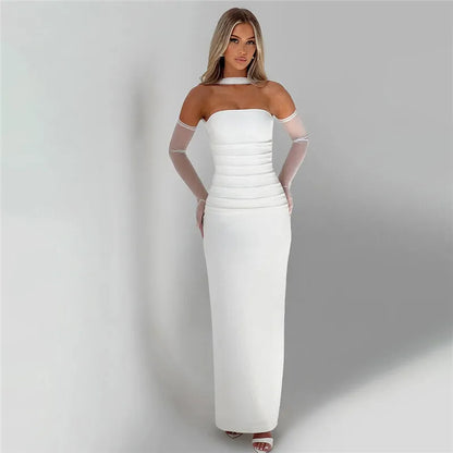 Strapless Ruched Waist Mesh Glove Bodycon Maxi Dress