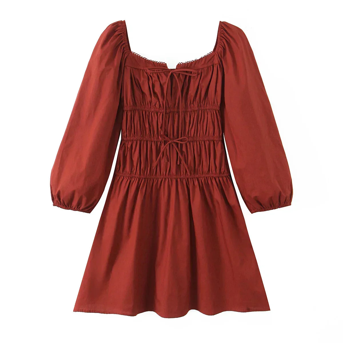 Square Neck Bow Tie Puff Sleeve Smocked Waist Mini Dress