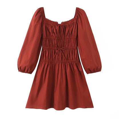 Square Neck Bow Tie Puff Sleeve Smocked Waist Mini Dress