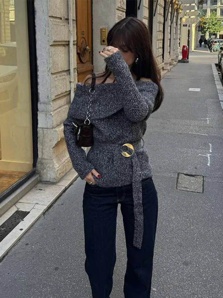 Vintage Off Shoulder Sweater With Belt Women Elegant Knitted Solid Thick Long Sleeve Sweaters Female Winter Chic Street Knitwear
