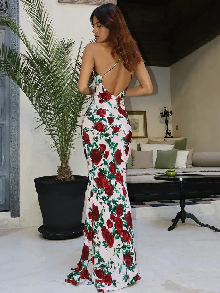 Print Halter Choker Spaghetti Strap Mermaid Maxi Dress
