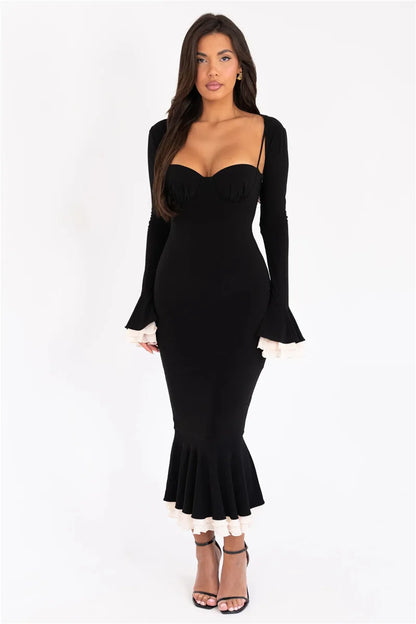Spaghetti Strap Sweetheart Bolero Bell Sleeve Ruffle Fishtail Midi Dress