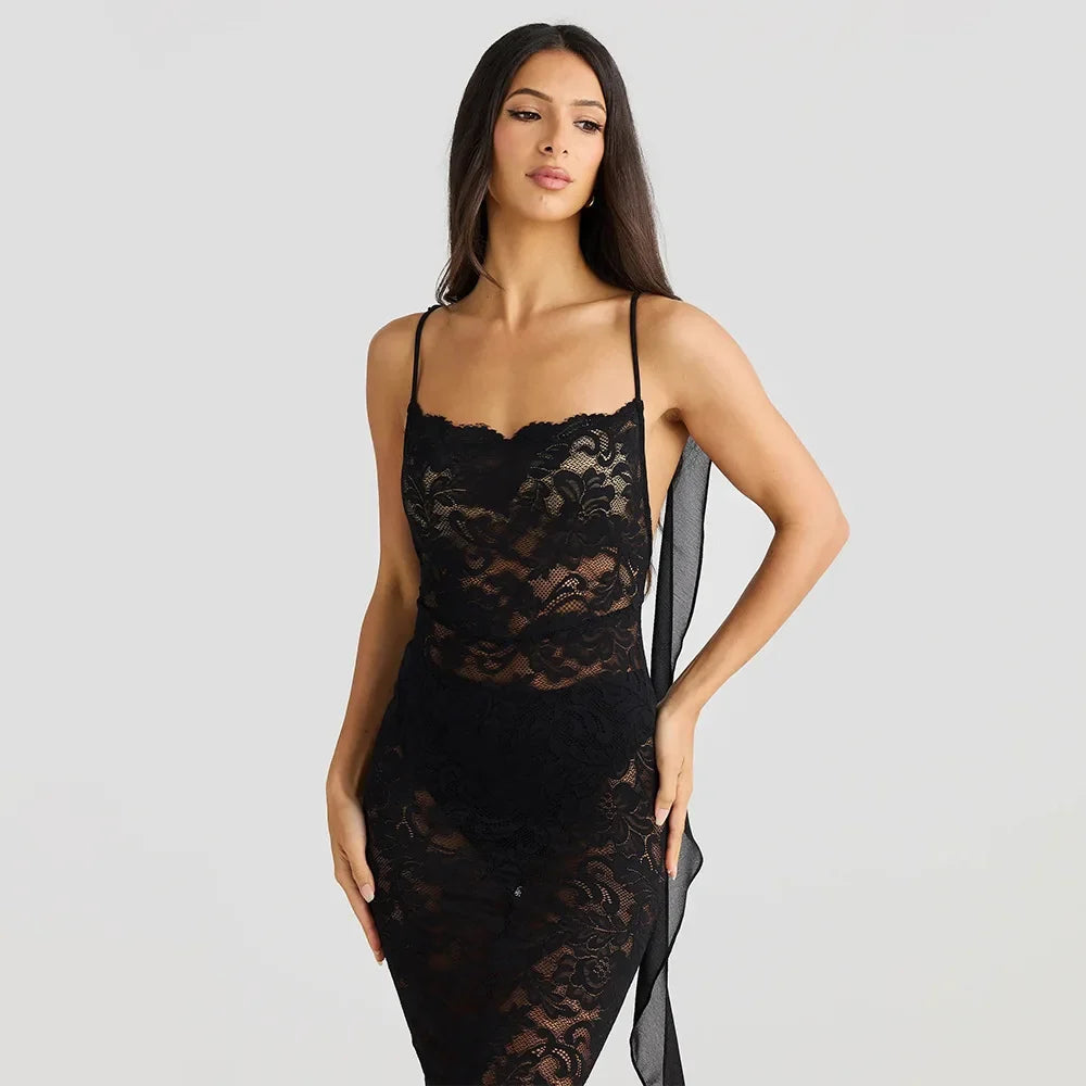 Lace Backless Spaghetti Strap Trailing Ribbon Ruffle Maxi Dress