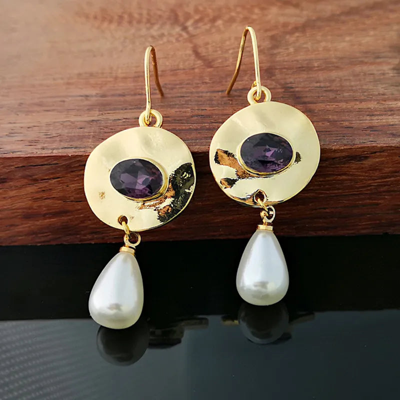Women's Purple Crystal Drop Pendant Earrings – Vintage Gold Geometric Jewelry