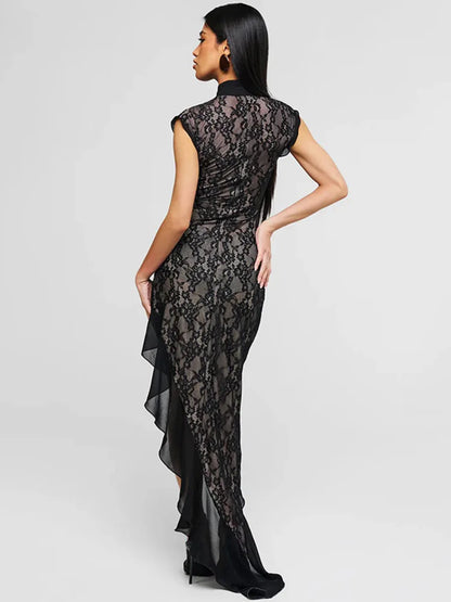 Mandarin Collar Keyhole Floral Lace Ruffled Hem High Low Maxi Dress