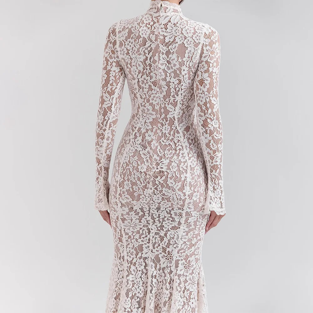 Floral Lace High Neck Long Sleeve Bodycon Midi Dress