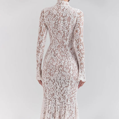 Floral Lace High Neck Long Sleeve Bodycon Midi Dress