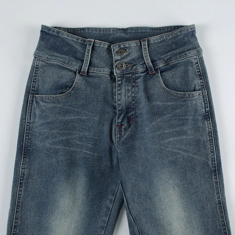 Vintage Button-up Denim Pants Street Style Low Rise Baggy Straight Jeans for Women y2k Aesthetic Loose Denim Trouser 90s