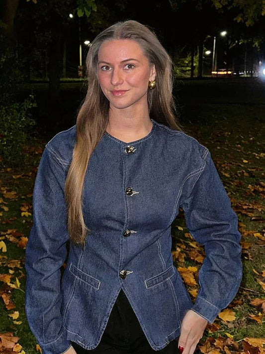 TAVIMART  -  Fashion Y2K Denim Jacket For Women 2025 Spring Elegant O-neck Single Breasted Coat Female Chic Street Long Sleeve Lady Outerwear