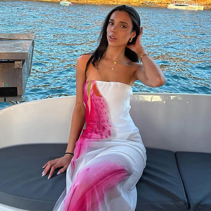 Strapless Mesh Overlay Abstract Graphic Print Bodycon Maxi Dress