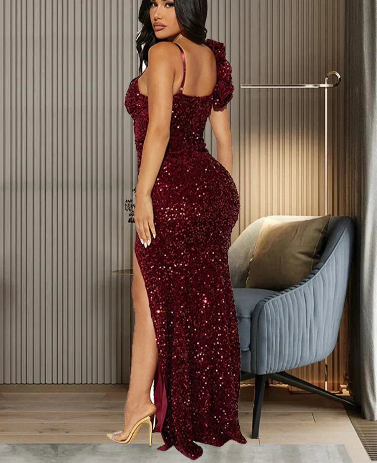 Sequin Sweetheart One Shoulder 3D Rosette High Slit Maxi Dress
