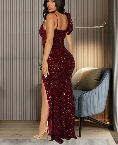 Sequin Sweetheart One Shoulder 3D Rosette High Slit Maxi Dress