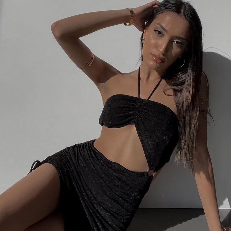 Halter Ring Cut Out Ruched Drawstring Side Tie Bodycon Mini Dress