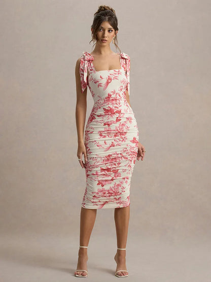 Floral Print Square Neck Tie Shoulder Strap All-Over Ruched Bodycon Midi Dress