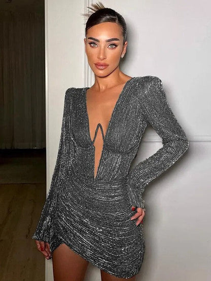 Deep Neck Corset Shimmer Short Bodycon Dress