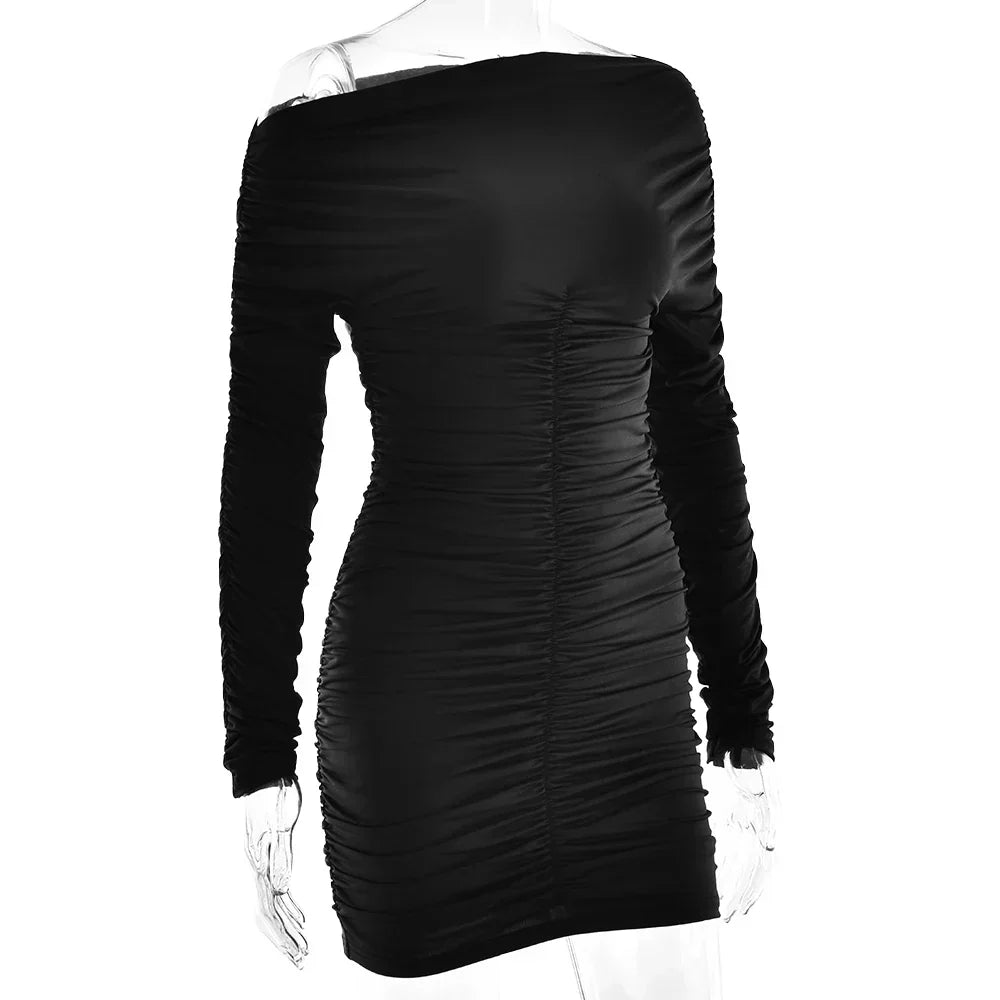 Asymmetric Neck Ruched Gathered Long Sleeve Bodycon Mini Dress