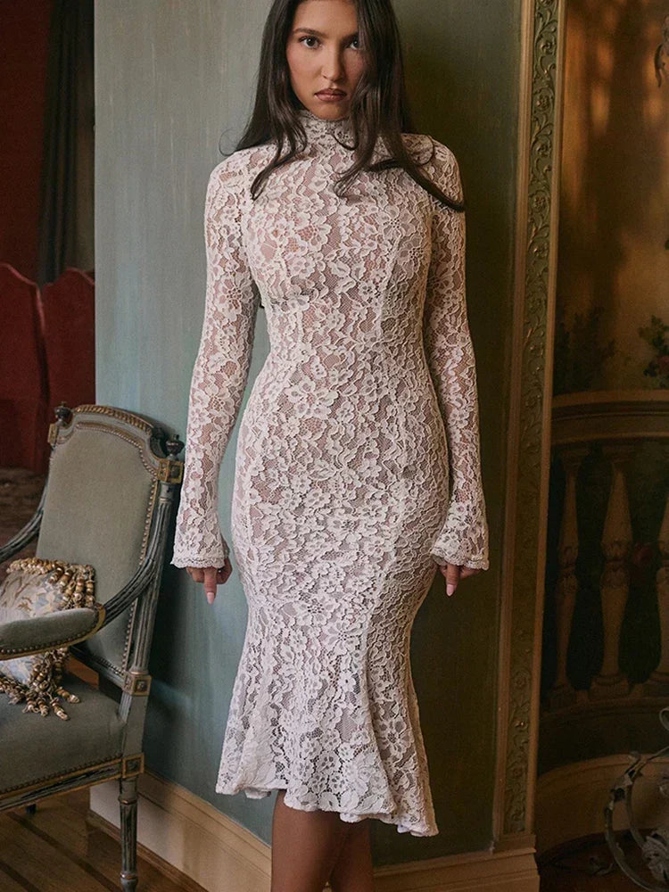 Floral Lace Mock Neck Long Sleeve Trumpet Hem Midi Dress