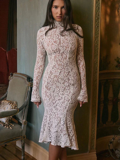 Floral Lace Mock Neck Long Sleeve Trumpet Hem Midi Dress