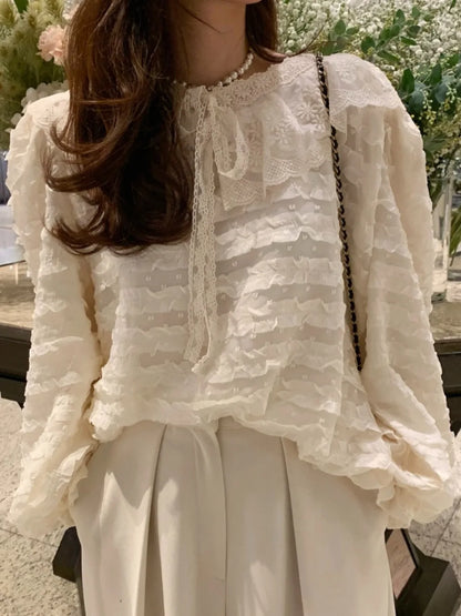 French Style Lace Up Loose Blouse