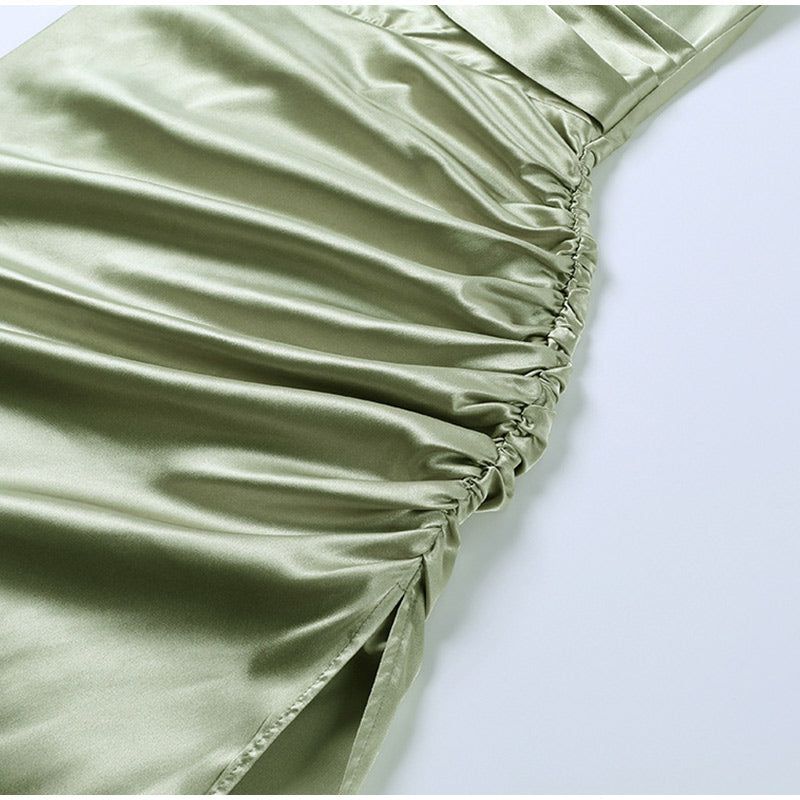 Satin Spaghetti Strap Draped Wrap Ruched Side Slit Midi Dress