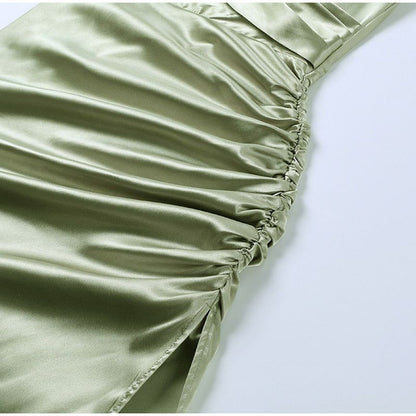 Satin Spaghetti Strap Draped Wrap Ruched Side Slit Midi Dress