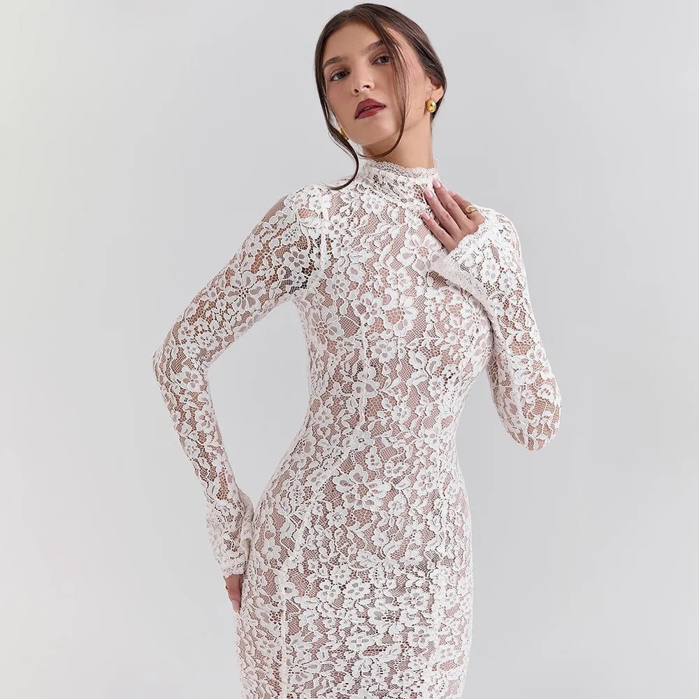 Floral Lace High Neck Long Sleeve Bodycon Midi Dress