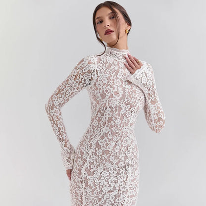 Floral Lace High Neck Long Sleeve Bodycon Midi Dress