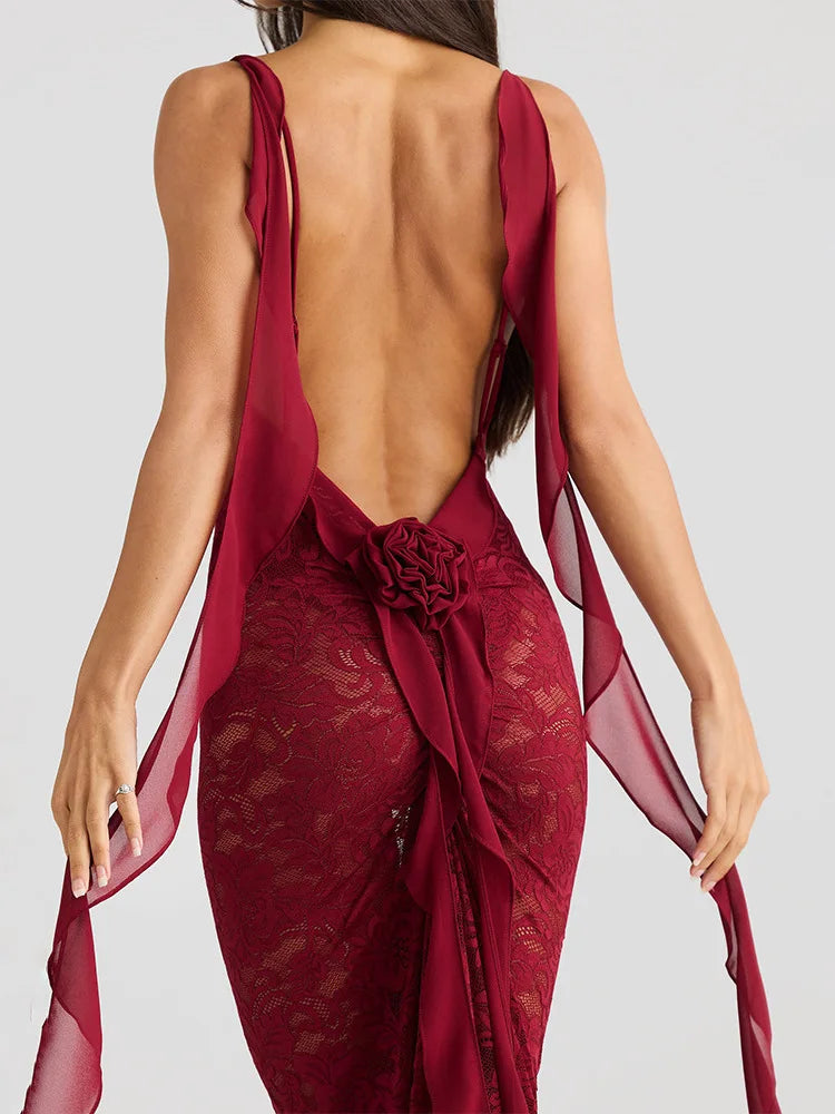 Lace Backless Spaghetti Strap Trailing Ribbon Ruffle Maxi Dress