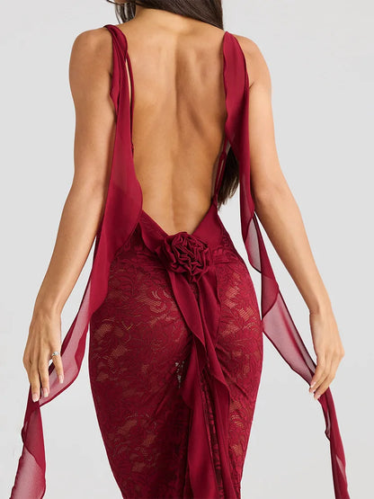 Lace Backless Spaghetti Strap Trailing Ribbon Ruffle Maxi Dress
