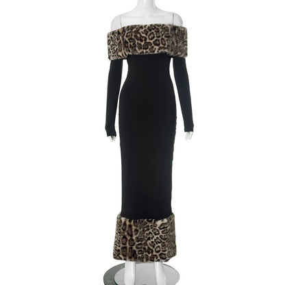 Off Shoulder Long Sleeve Faux Fur Trim Maxi Dress