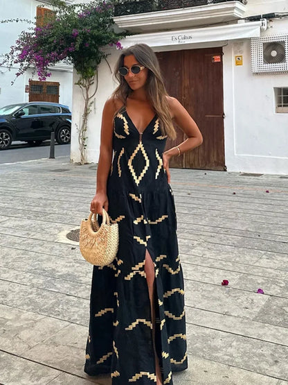 Sexy Backless Women Print Halter Maxi Dress Fashion Deep V-neck High Waist Split Dresses Summer Lady Loose High Street Robe