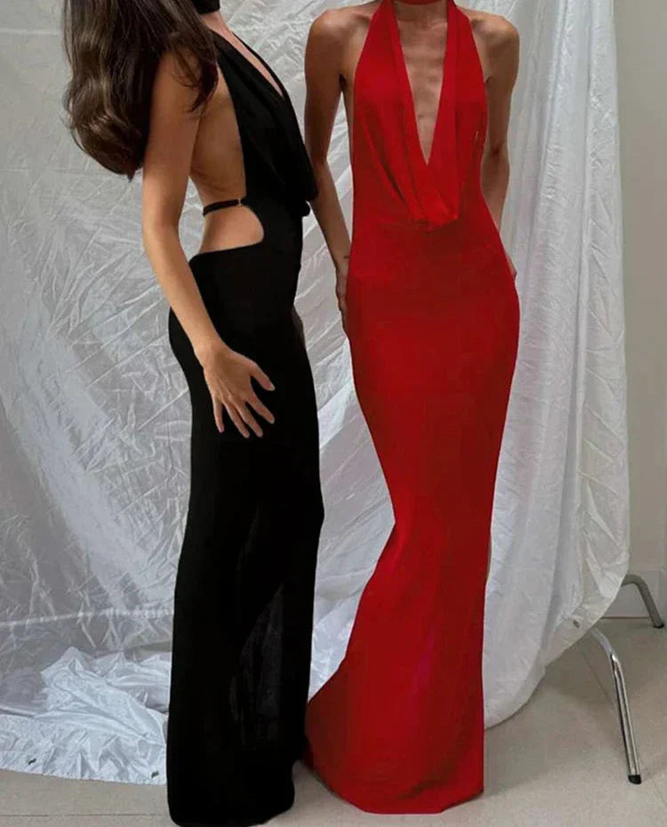 Halter Plunging Cowl Backless High Slit Maxi Dress