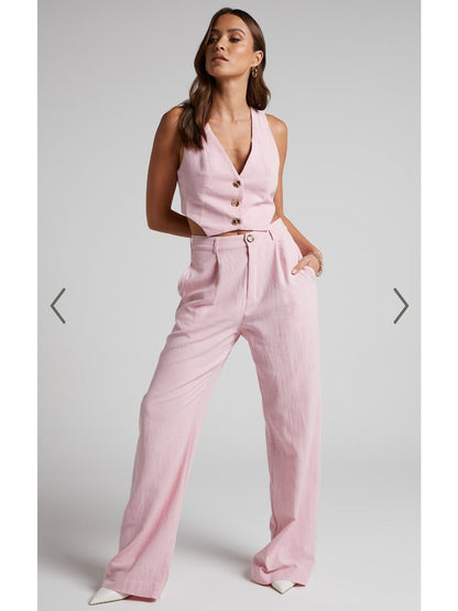 Crop Waist Vest Coat & Wide Leg Pants Coord Set