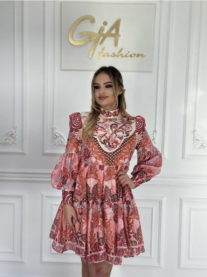 Floral Print Vintage High Neck A Line Dress