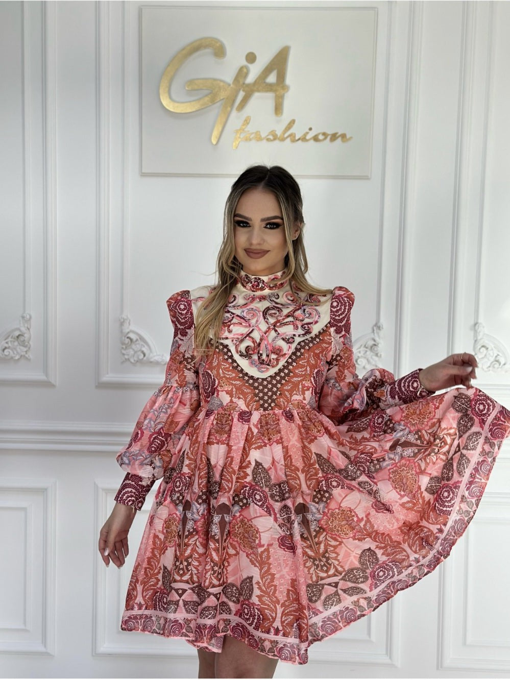 Floral Print Vintage High Neck A Line Dress