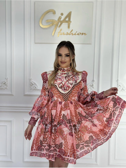 Floral Print Vintage High Neck A Line Dress