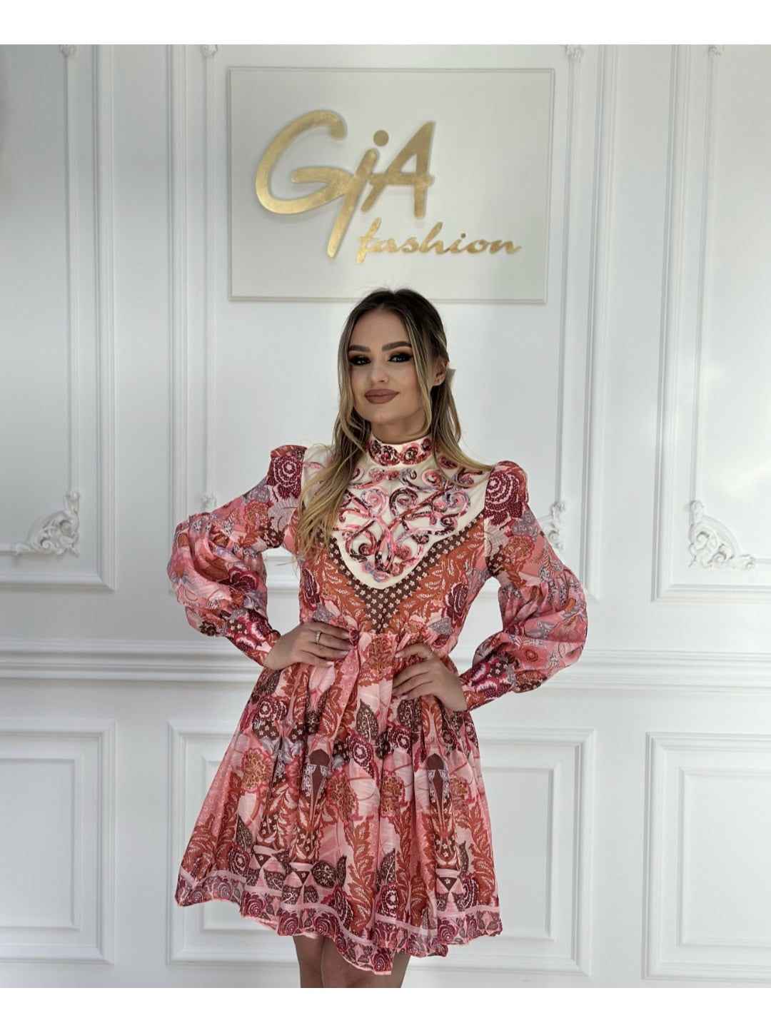 Floral Print Vintage High Neck A Line Dress