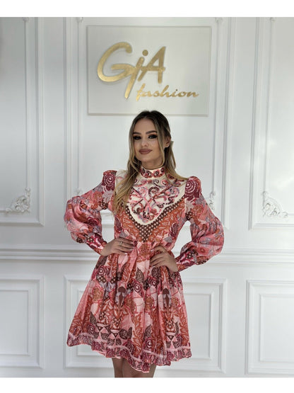 Floral Print Vintage High Neck A Line Dress