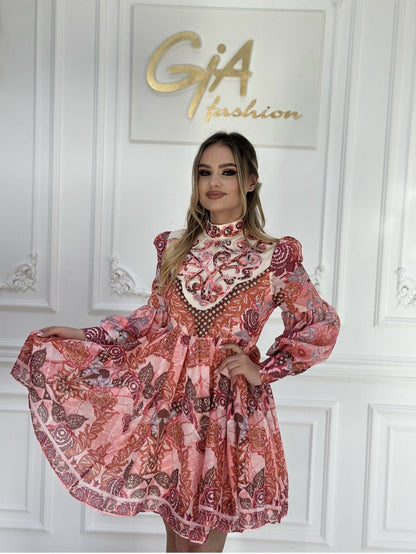 Floral Print Vintage High Neck A Line Dress