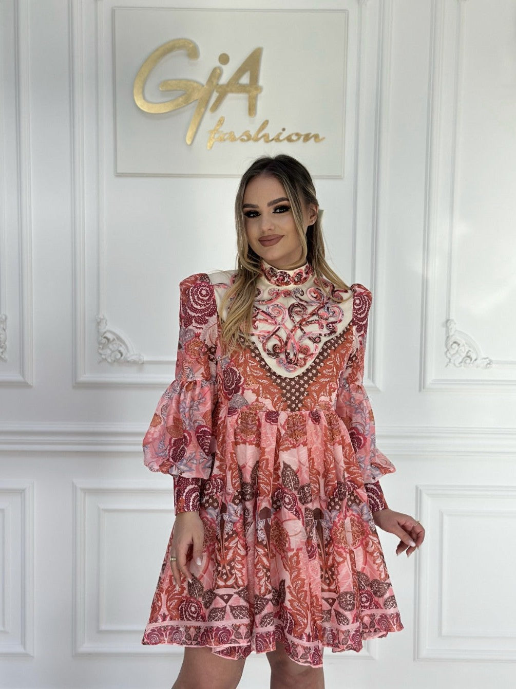 Floral Print Vintage High Neck A Line Dress