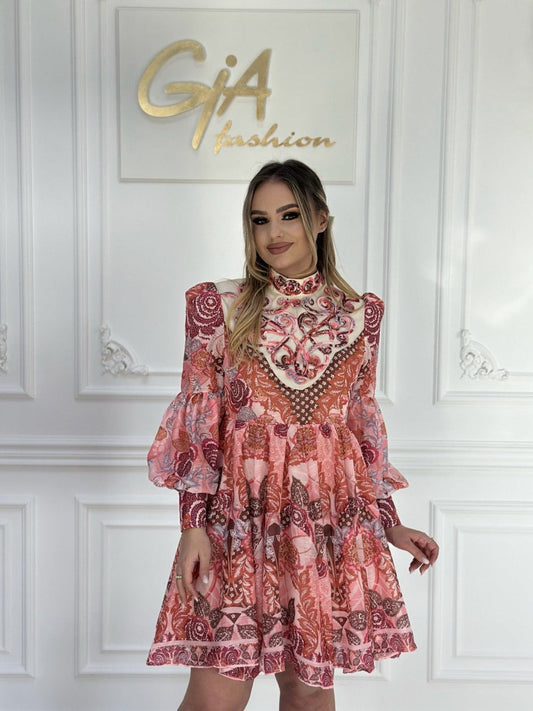 Floral Print Vintage High Neck A Line Dress