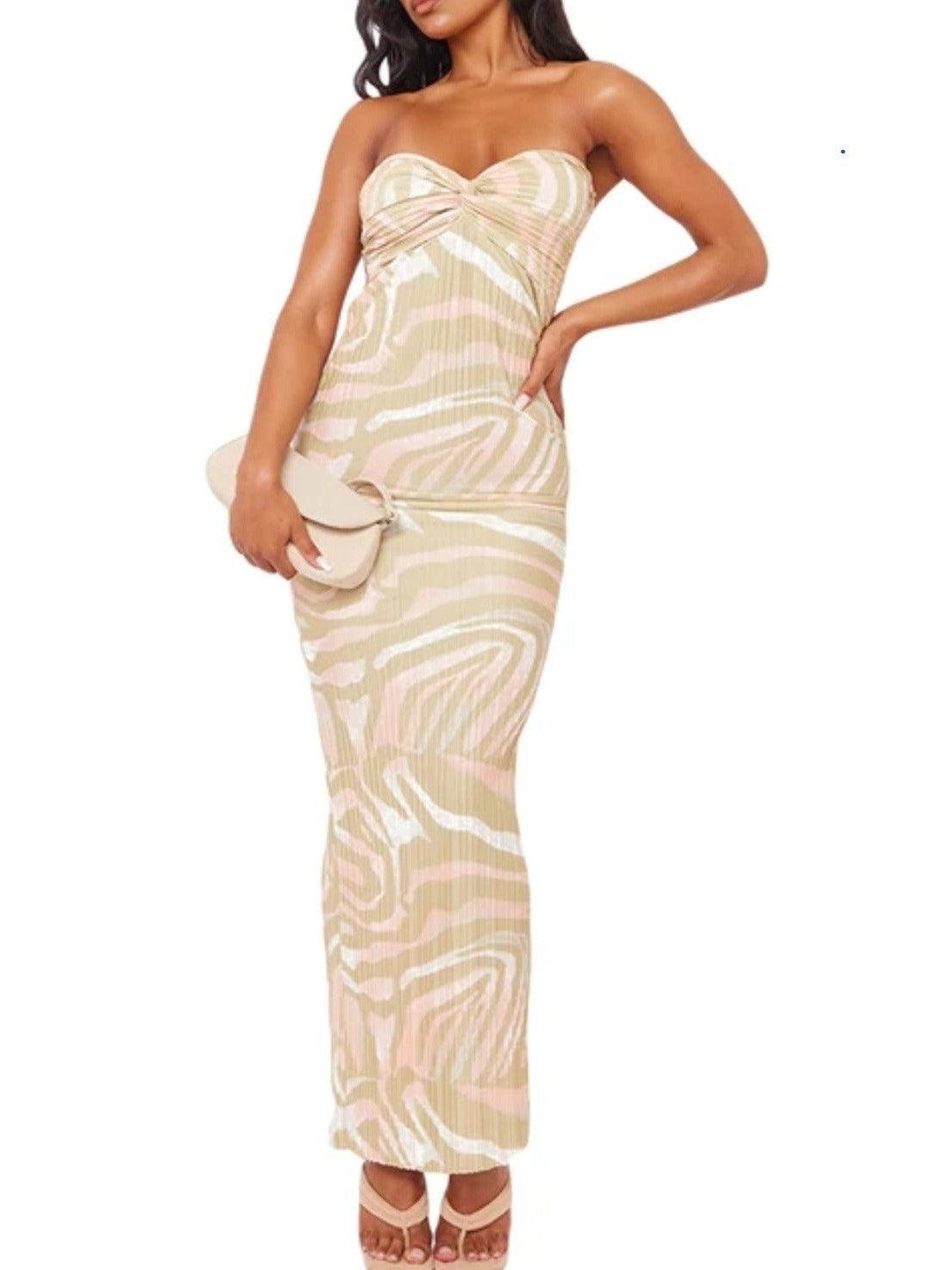 Printed Pleated Bandeau Tube Maxi Dress
