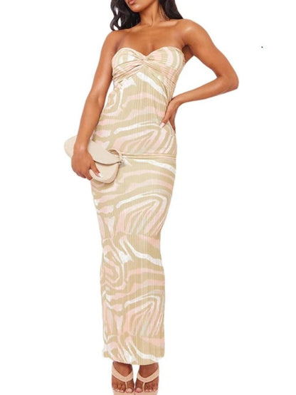 Printed Pleated Bandeau Tube Maxi Dress