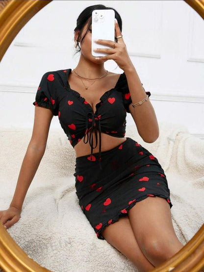 Black Printed Crop Lace up Top & Skirt Coord Set