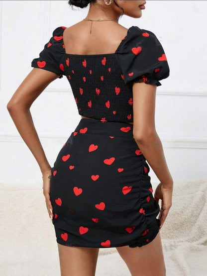 Black Printed Crop Lace up Top & Skirt Coord Set