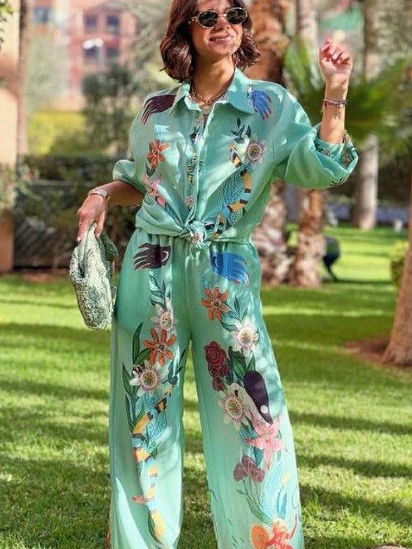 Graffiti Print Satin Short Sleeve Shirt & Pant Coord Set