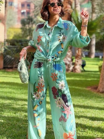 Graffiti Print Satin Short Sleeve Shirt & Pant Coord Set