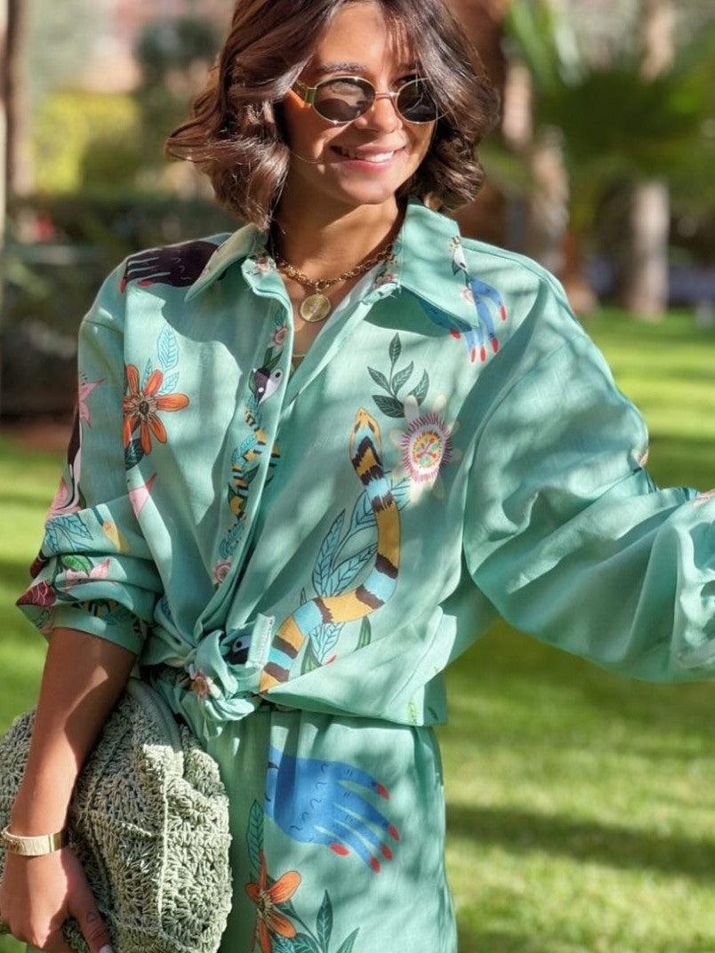 Graffiti Print Satin Short Sleeve Shirt & Pant Coord Set