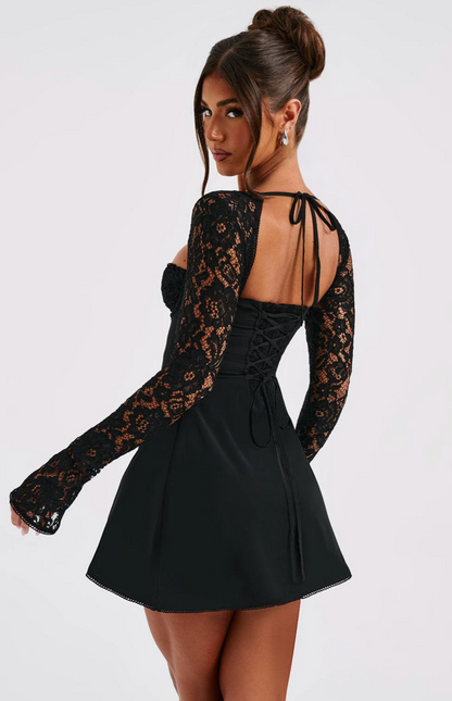 Lace Bell Sleeve Contrast Sweetheart Neck Tie Front Mini Dress
