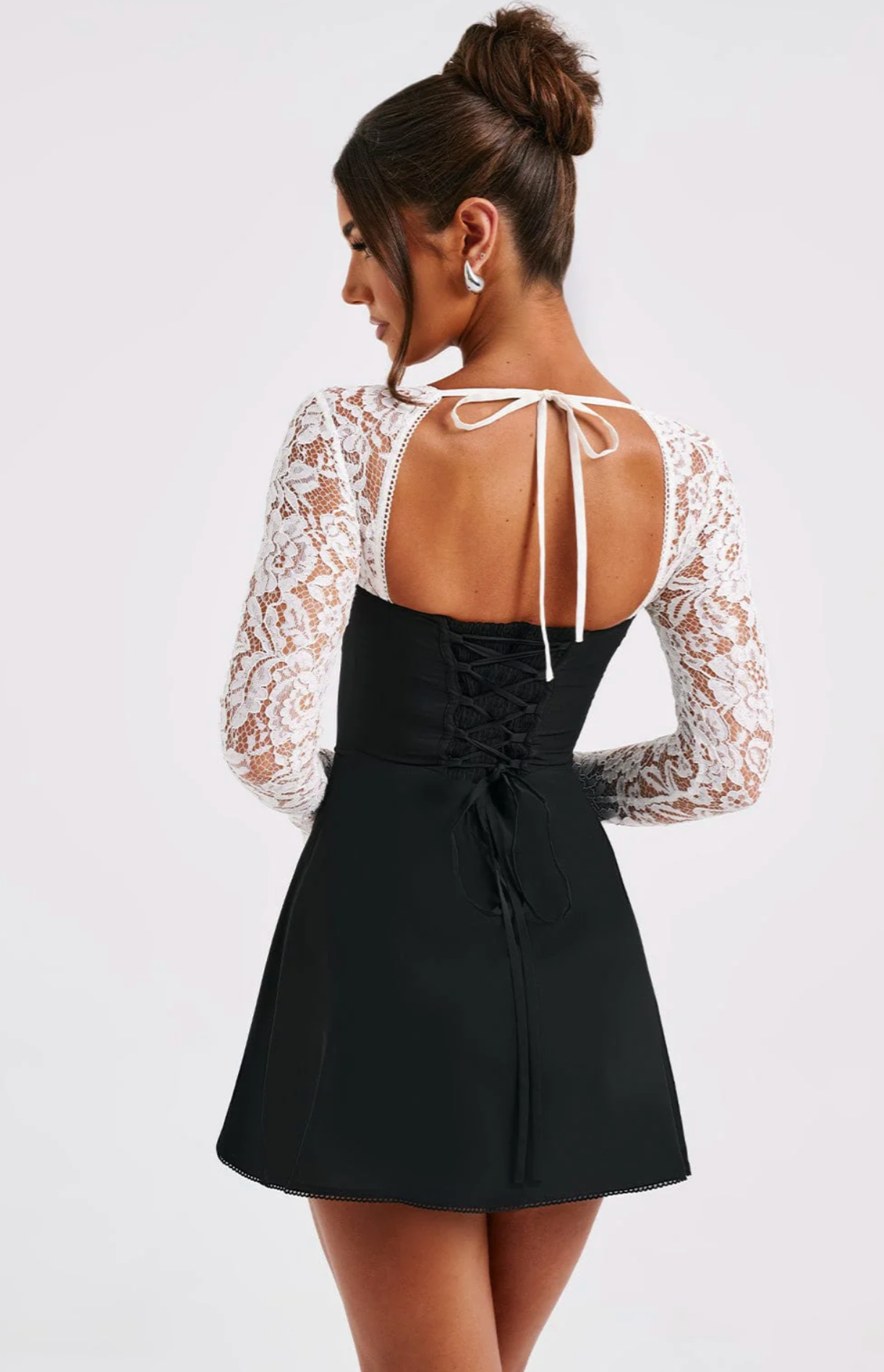 Lace Bell Sleeve Contrast Sweetheart Neck Tie Front Mini Dress